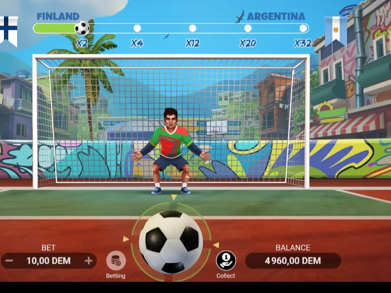 Jeu du penalty : la mise de 10,00 DEM à gauche, le bouton Collect à droite du ballon, le solde tombé à 4 960 DEM après quatre manches