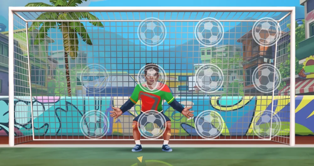 La cage du jeu du penalty avec trois rangées de cibles rondes réparties sur la surface du but, le gardien au centre