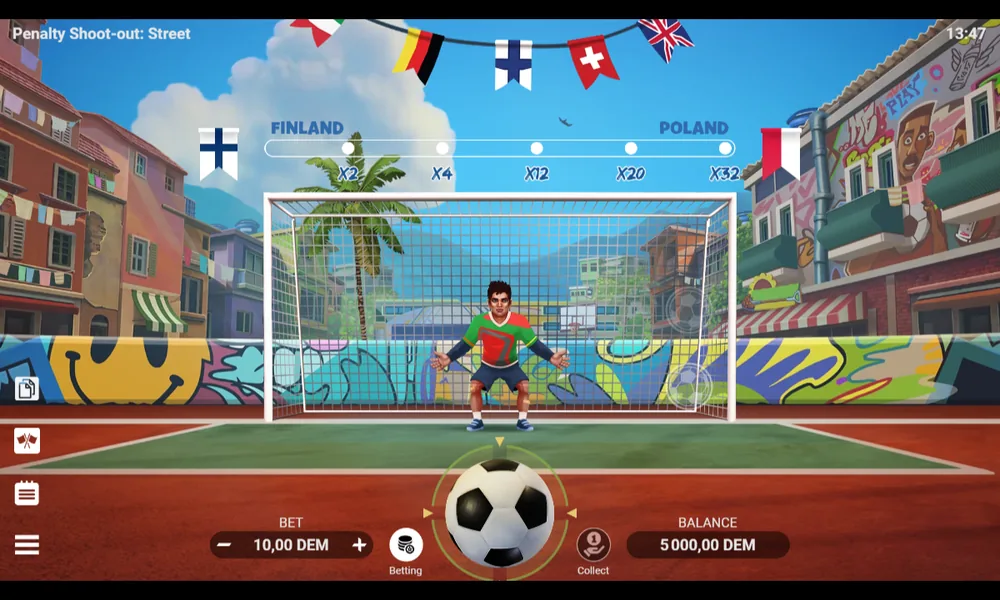 Écran du jeu du penalty d'Evoplay : le gardien dans sa cage, la barre de multiplicateurs x2 à x32 au-dessus, la mise et le solde en bas